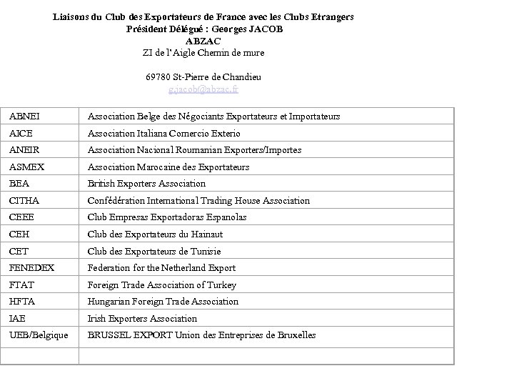 Liaisons du Club des Exportateurs de France avec les Clubs Etrangers Président Délégué :