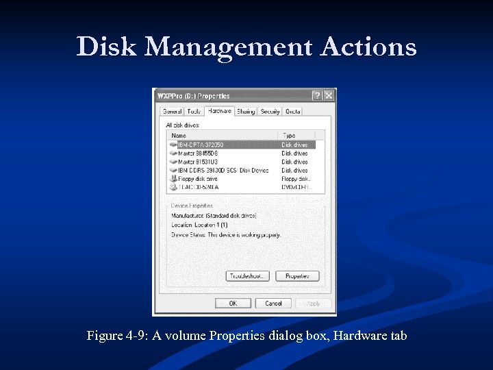 Disk Management Actions Figure 4 -9: A volume Properties dialog box, Hardware tab 