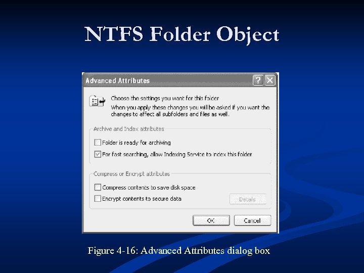 NTFS Folder Object Figure 4 -16: Advanced Attributes dialog box 