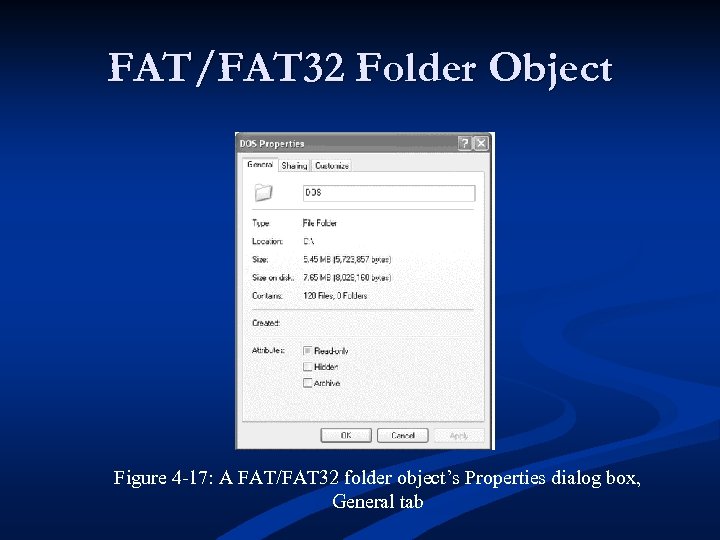 FAT/FAT 32 Folder Object Figure 4 -17: A FAT/FAT 32 folder object’s Properties dialog