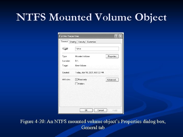 NTFS Mounted Volume Object Figure 4 -20: An NTFS mounted volume object’s Properties dialog