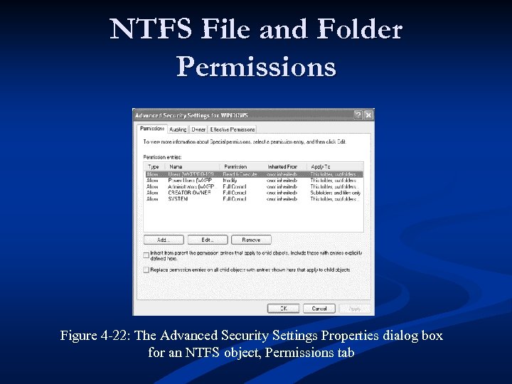 NTFS File and Folder Permissions Figure 4 -22: The Advanced Security Settings Properties dialog