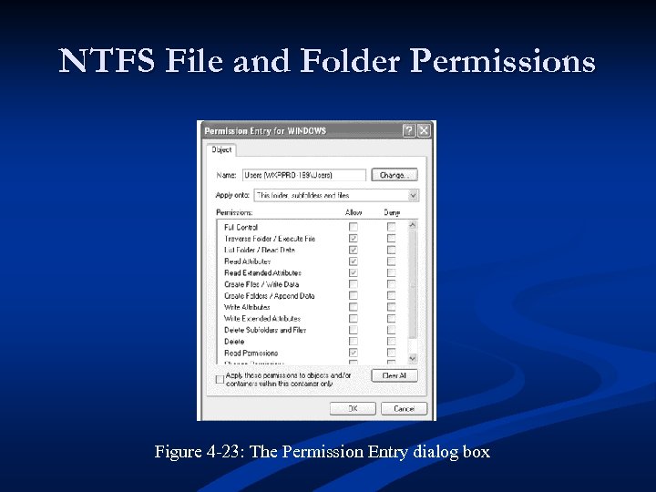 NTFS File and Folder Permissions Figure 4 -23: The Permission Entry dialog box 