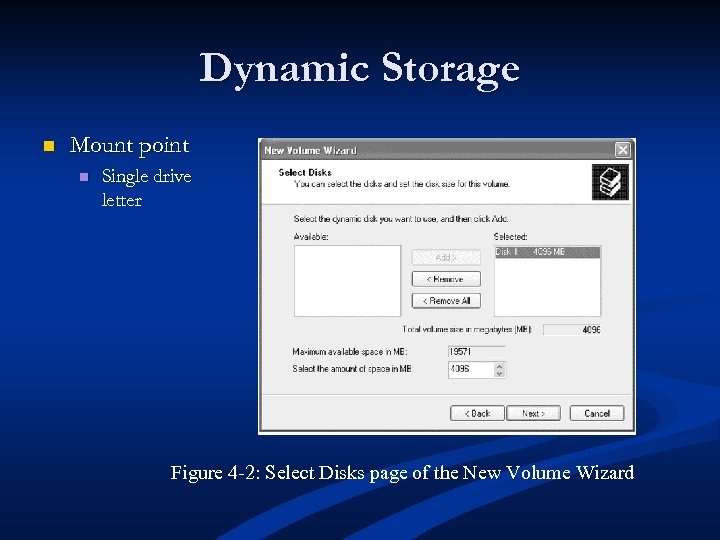 Dynamic Storage n Mount point n Single drive letter Figure 4 -2: Select Disks