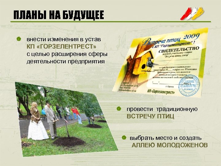 ПЛАНЫ НА БУДУЩЕЕ | внести изменения в устав КП «ГОРЗЕЛЕНТРЕСТ» с целью расширения сферы