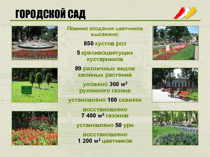 ГОРОДСКОЙ САД Помимо создания цветников высажено: 850 кустов роз 5 красивоцветущих кустарников 89 различных