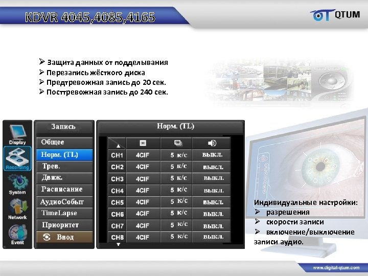 KDVR 4045, 4085, 4165 Ø Защита данных от подделывания Ø Перезапись жёсткого диска Ø