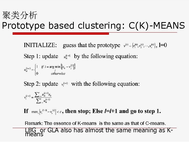 聚类分析 Prototype based clustering: C(K)-MEANS Remark: The essence of K-means is the same as