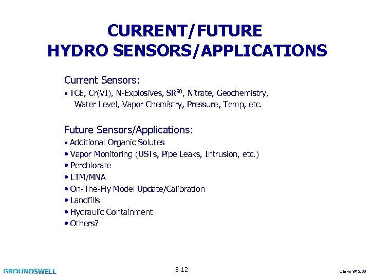 CURRENT/FUTURE HYDRO SENSORS/APPLICATIONS Current Sensors: • TCE, Cr(VI), N-Explosives, SR 90, Nitrate, Geochemistry, Water