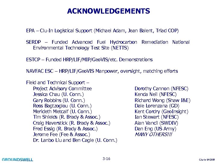 ACKNOWLEDGEMENTS EPA – Clu-In Logistical Support (Michael Adam, Jean Balent, Triad COP) SERDP –