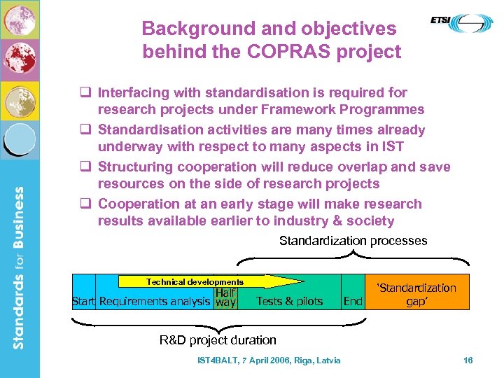 Background and objectives behind the COPRAS project q Interfacing with standardisation is required for