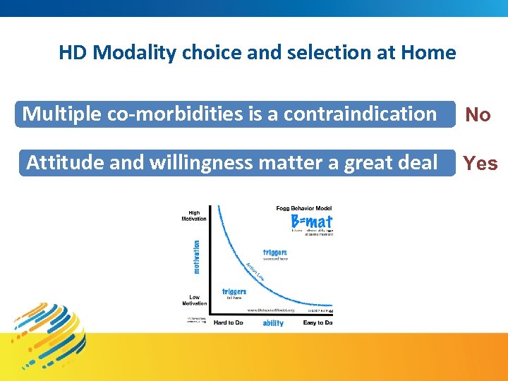 HD Modality choice and selection at Home Multiple co-morbidities is a contraindication No Attitude
