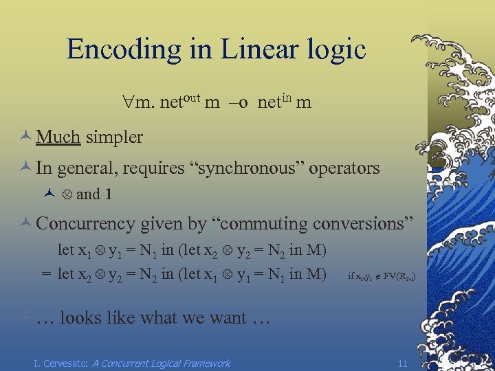 Encoding in Linear logic m. netout m –o netin m © Much simpler ©