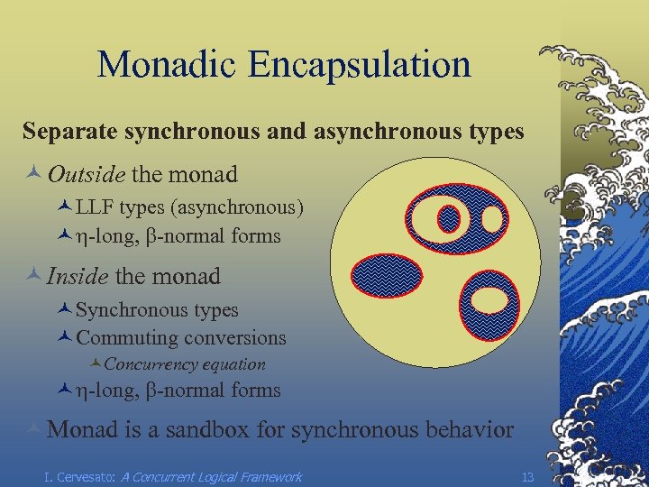 Monadic Encapsulation Separate synchronous and asynchronous types © Outside the monad ©LLF types (asynchronous)