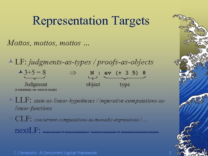 Representation Targets Mottos, mottos … © LF: judgments-as-types / proofs-as-objects © 3+5 = 8