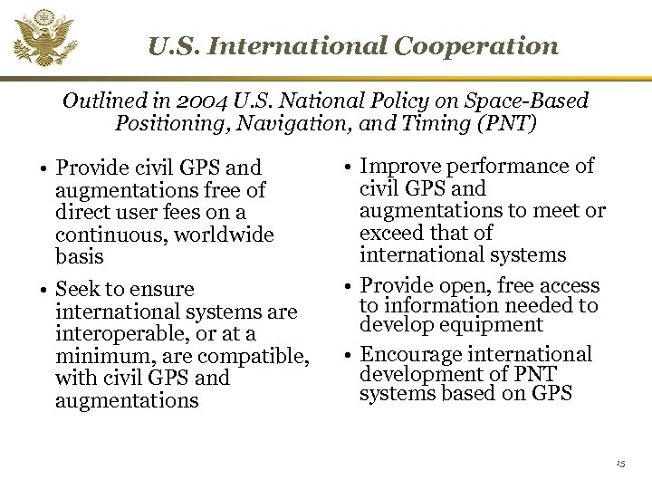 U. S. International Cooperation Outlined in 2004 U. S. National Policy on Space-Based Positioning,