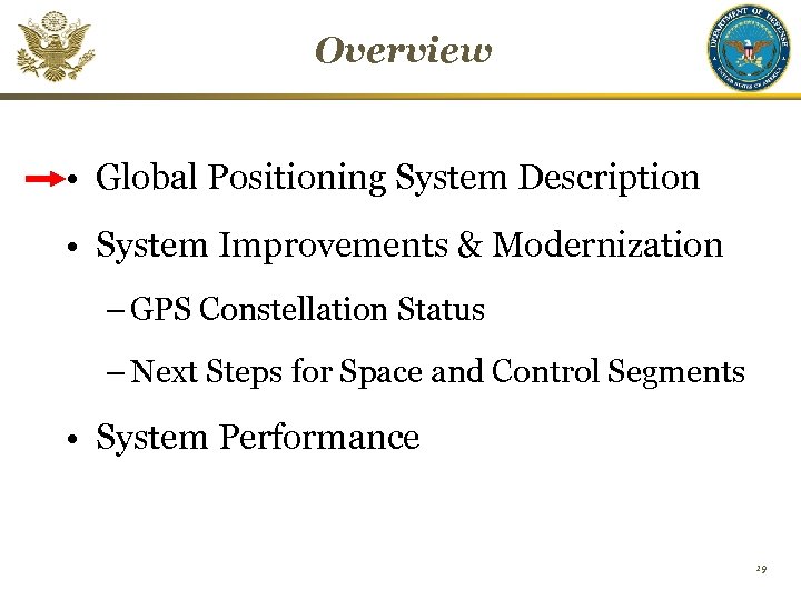 Overview • Global Positioning System Description • System Improvements & Modernization – GPS Constellation