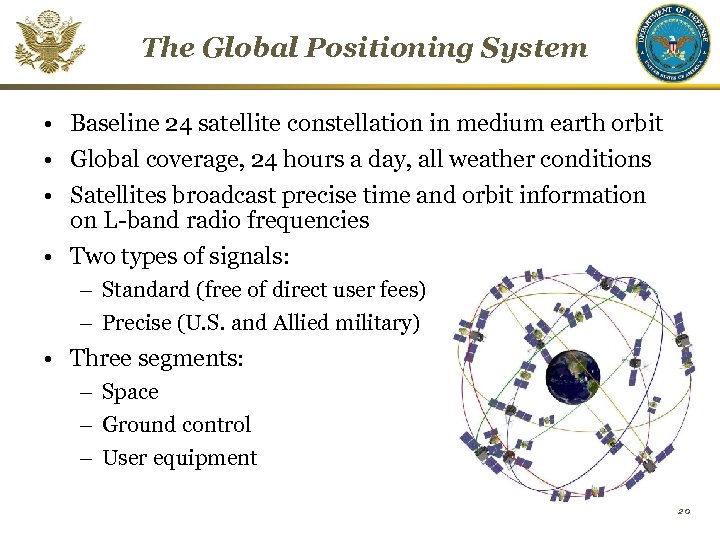 The Global Positioning System • Baseline 24 satellite constellation in medium earth orbit •