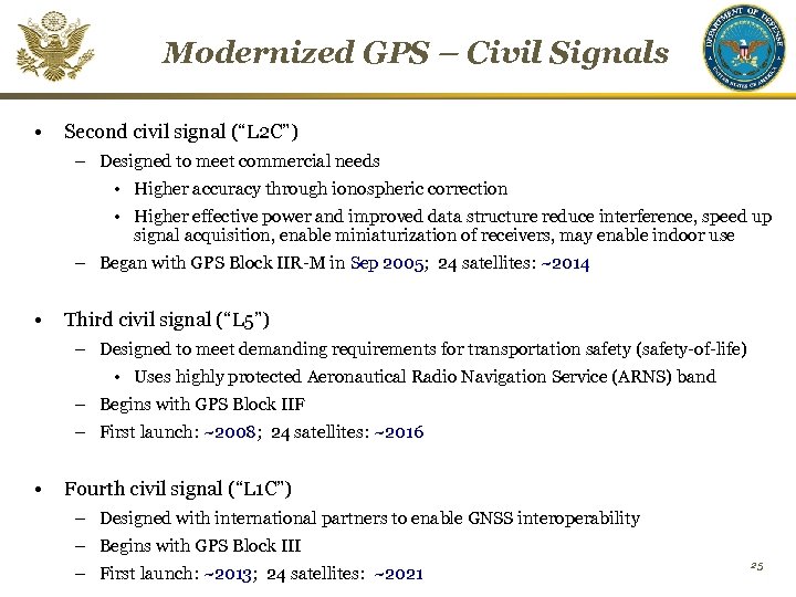 Modernized GPS – Civil Signals • Second civil signal (“L 2 C”) – Designed