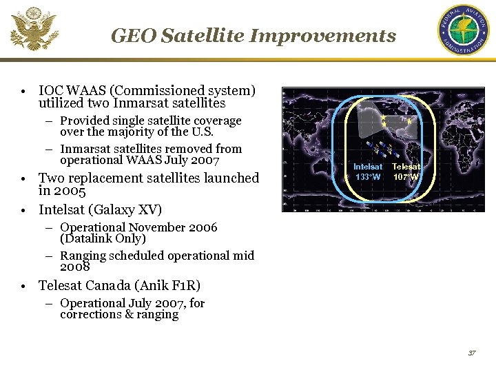 GEO Satellite Improvements • IOC WAAS (Commissioned system) utilized two Inmarsat satellites – Provided