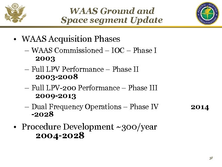 WAAS Ground and Space segment Update • WAAS Acquisition Phases – WAAS Commissioned –