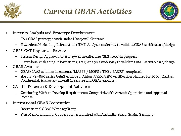 Current GBAS Activities • Integrity Analysis and Prototype Development – FAA GBAS prototype work