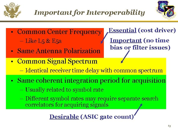 Important for Interoperability • Common Center Frequency – Like L 5 & E 5