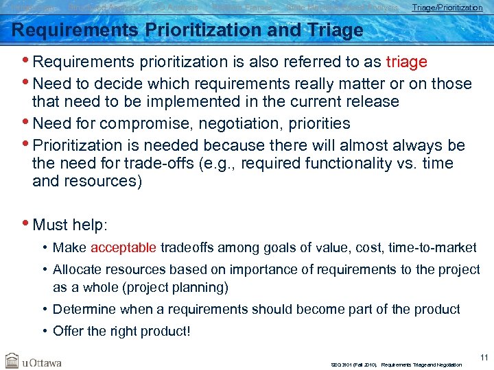 Introduction Structured Analysis OO Analysis Problem Frames State Machine-Based Analysis Triage/Prioritization Requirements Prioritization and