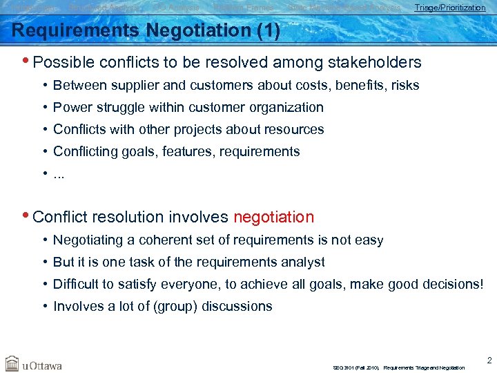 Introduction Structured Analysis OO Analysis Problem Frames State Machine-Based Analysis Triage/Prioritization Requirements Negotiation (1)