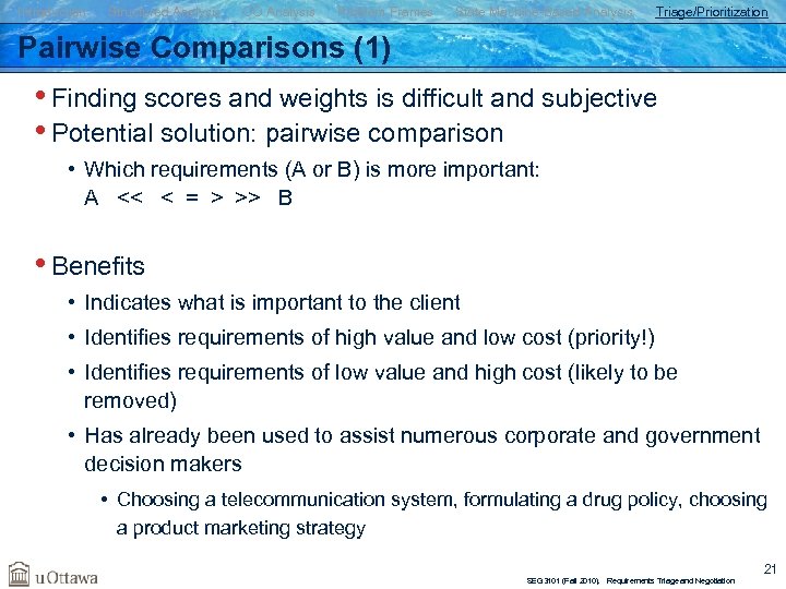 Introduction Structured Analysis OO Analysis Problem Frames State Machine-Based Analysis Triage/Prioritization Pairwise Comparisons (1)
