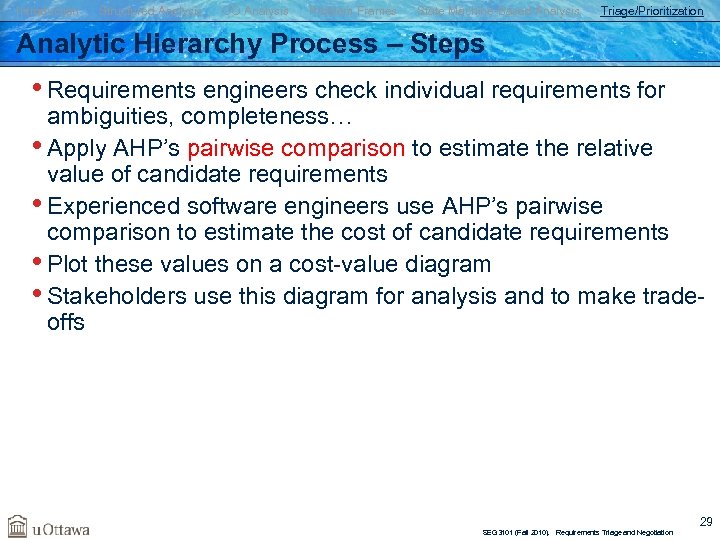 Introduction Structured Analysis OO Analysis Problem Frames State Machine-Based Analysis Triage/Prioritization Analytic Hierarchy Process