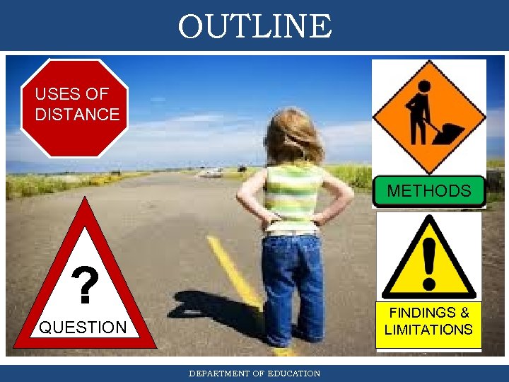 OUTLINE USES OF DISTANCE METHODS FINDINGS & LIMITATIONS QUESTION DEPARTMENT OF EDUCATION 