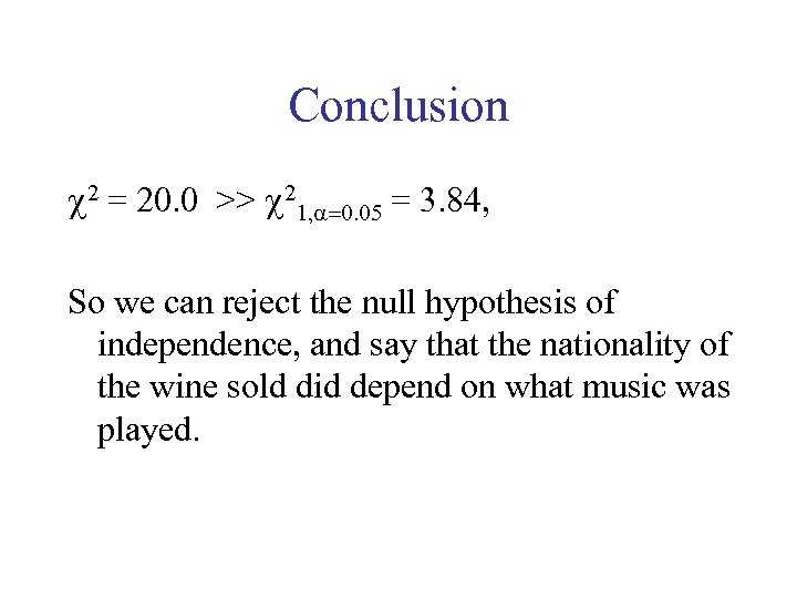 Conclusion 2 = 20. 0 >> 21, =0. 05 = 3. 84, So we