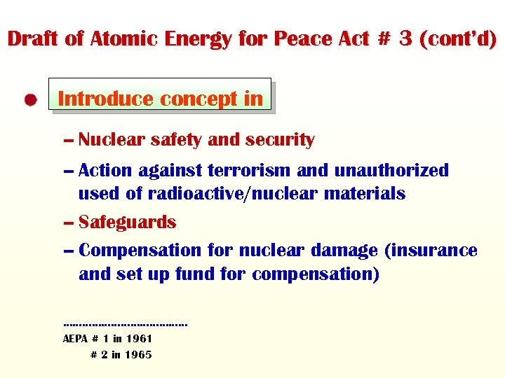 Draft of Atomic Energy for Peace Act # 3 (cont’d) Introduce concept in –