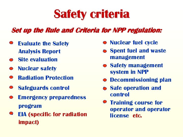 Safety criteria Set up the Rule and Criteria for NPP regulation: • Evaluate the