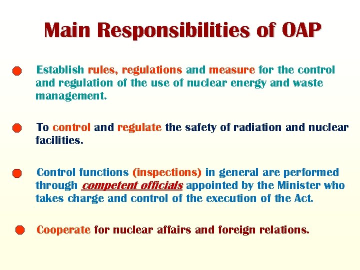 Main Responsibilities of OAP Establish rules, regulations and measure for the control and regulation