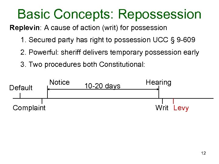 Basic Concepts: Repossession Replevin: A cause of action (writ) for possession 1. Secured party