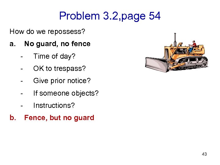 Problem 3. 2, page 54 How do we repossess? a. No guard, no fence