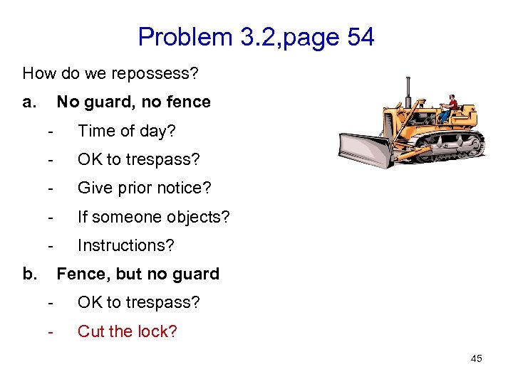 Problem 3. 2, page 54 How do we repossess? a. No guard, no fence