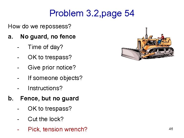 Problem 3. 2, page 54 How do we repossess? a. No guard, no fence
