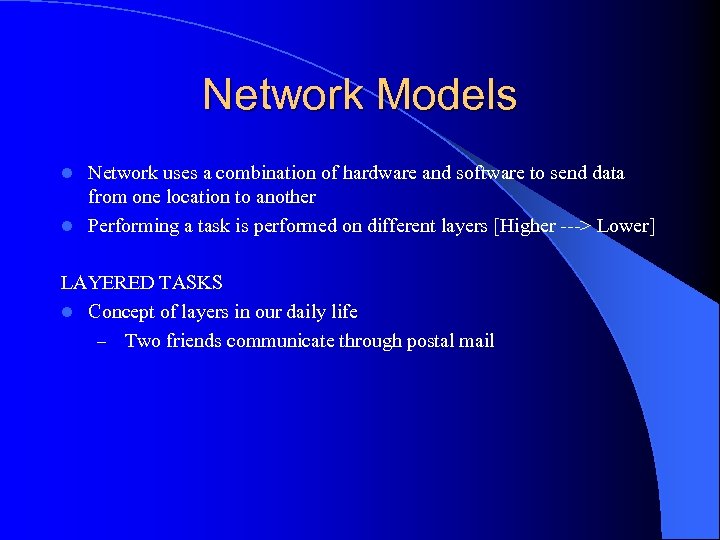 Network Models Network uses a combination of hardware and software to send data from