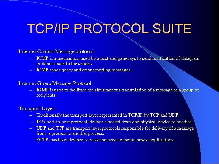 TCP/IP PROTOCOL SUITE Internet Control Message protocol ICMP is a mechanism used by a