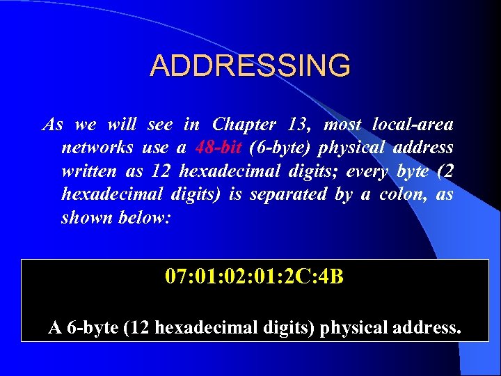 ADDRESSING As we will see in Chapter 13, most local-area networks use a 48