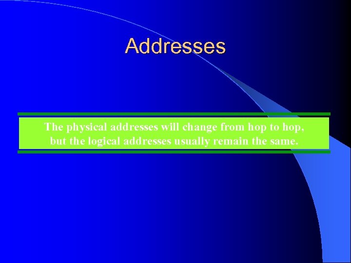 Addresses The physical addresses will change from hop to hop, but the logical addresses