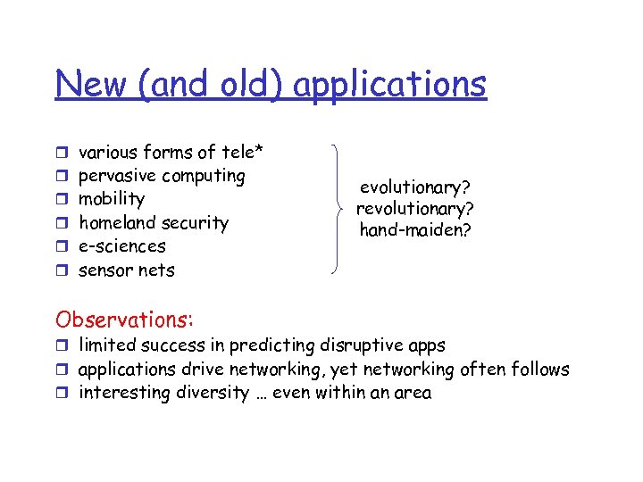 New (and old) applications r r r various forms of tele* pervasive computing mobility