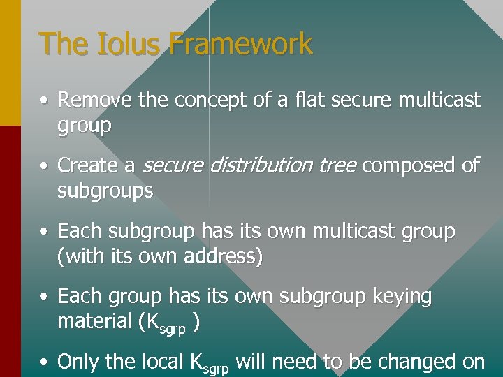 The Iolus Framework • Remove the concept of a flat secure multicast group •