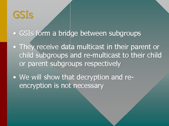 GSIs • GSIs form a bridge between subgroups • They receive data multicast in