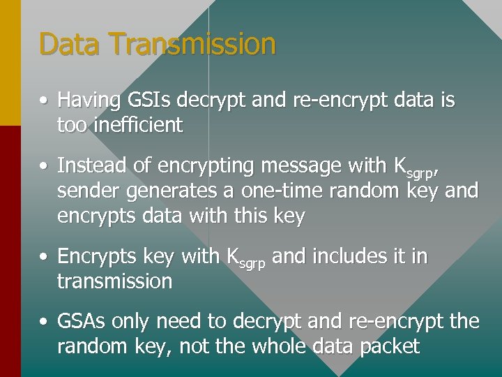 Data Transmission • Having GSIs decrypt and re-encrypt data is too inefficient • Instead