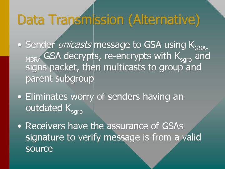 Data Transmission (Alternative) • Sender unicasts message to GSA using KGSAMBR, GSA decrypts, re-encrypts