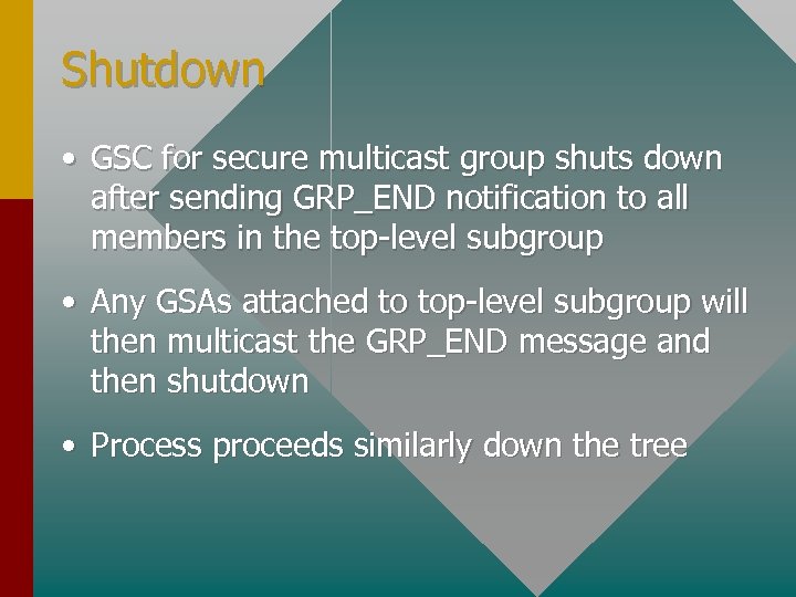 Shutdown • GSC for secure multicast group shuts down after sending GRP_END notification to